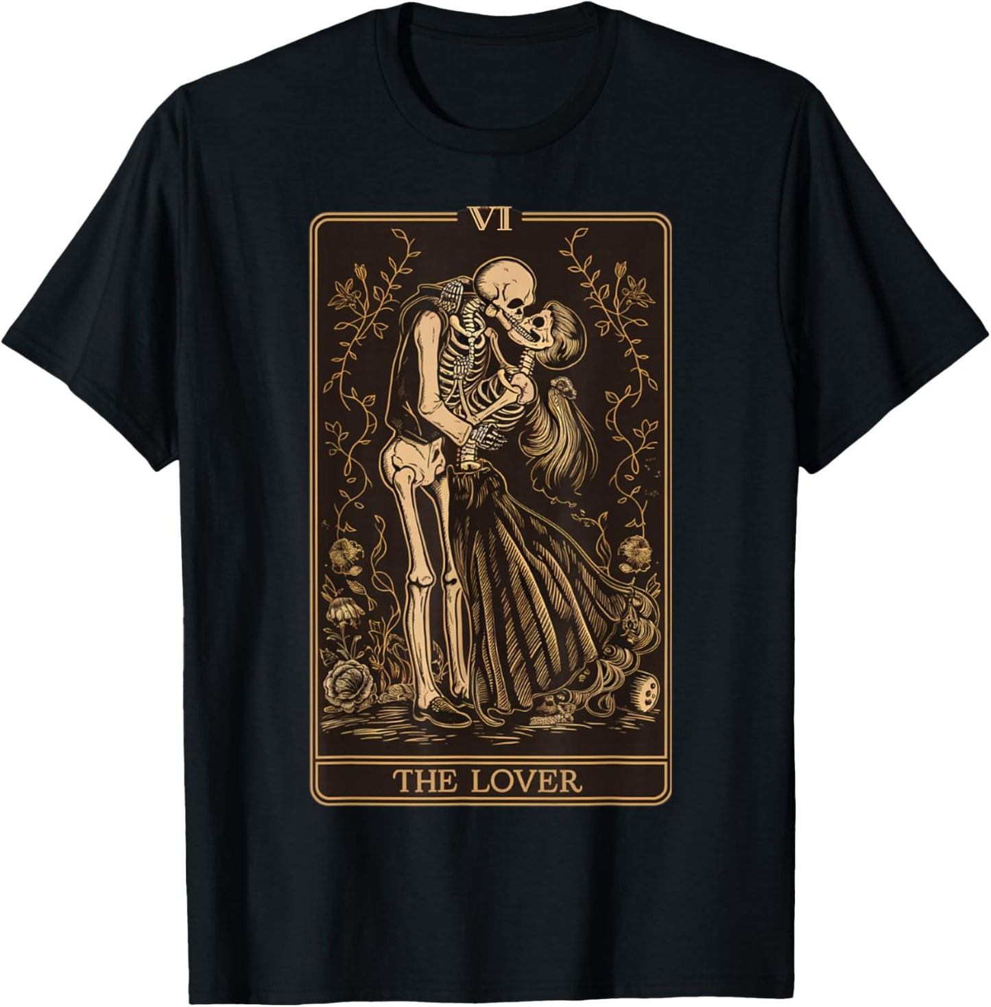 The Lovers Vintage Tarot Card - Gothic Halloween Tea T-Shirt - T-Shirt | Black