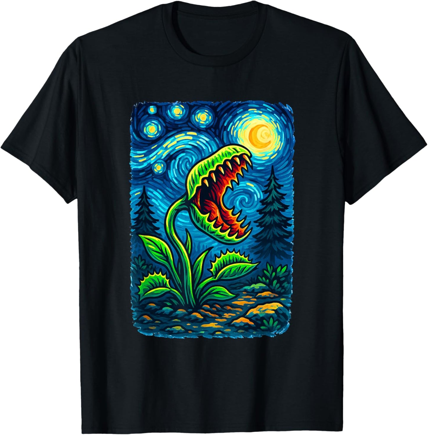 Carnivorous Plant Venus Fly Trap Design Starry Night Art T-Shirt - T-Shirt | Black