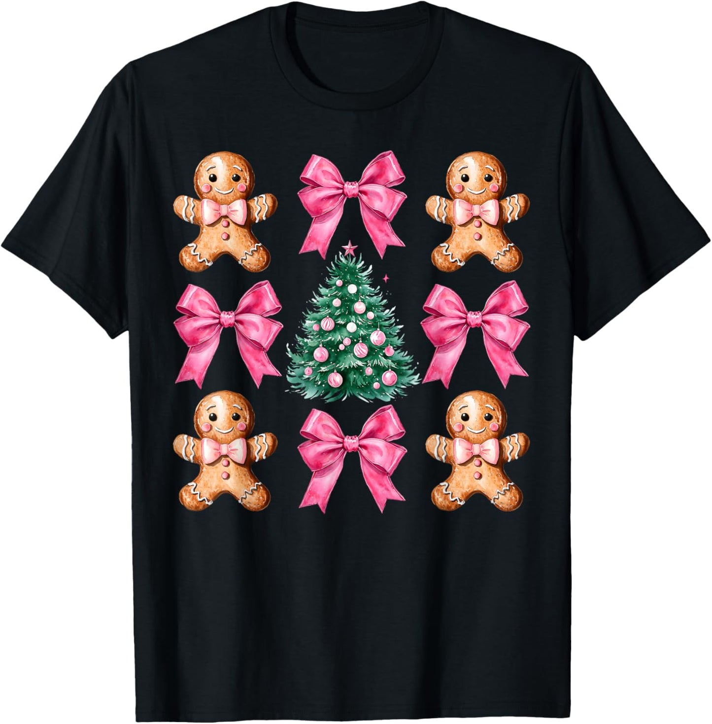 Cute Coquette Pink Bow Xmas Gingerbread Man Christmas Tree T-Shirt - T-Shirt | Black