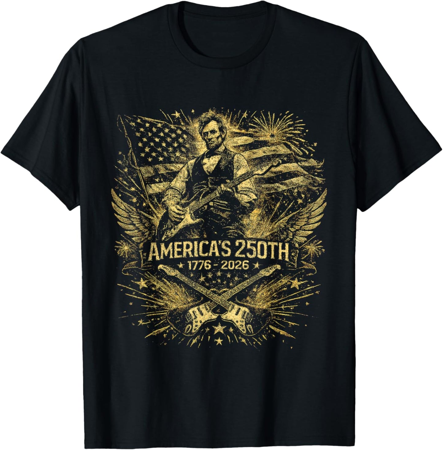 America 250th Anniversary 1776 2026 USA Lincoln Guitar T-Shirt - T-Shirt | Black