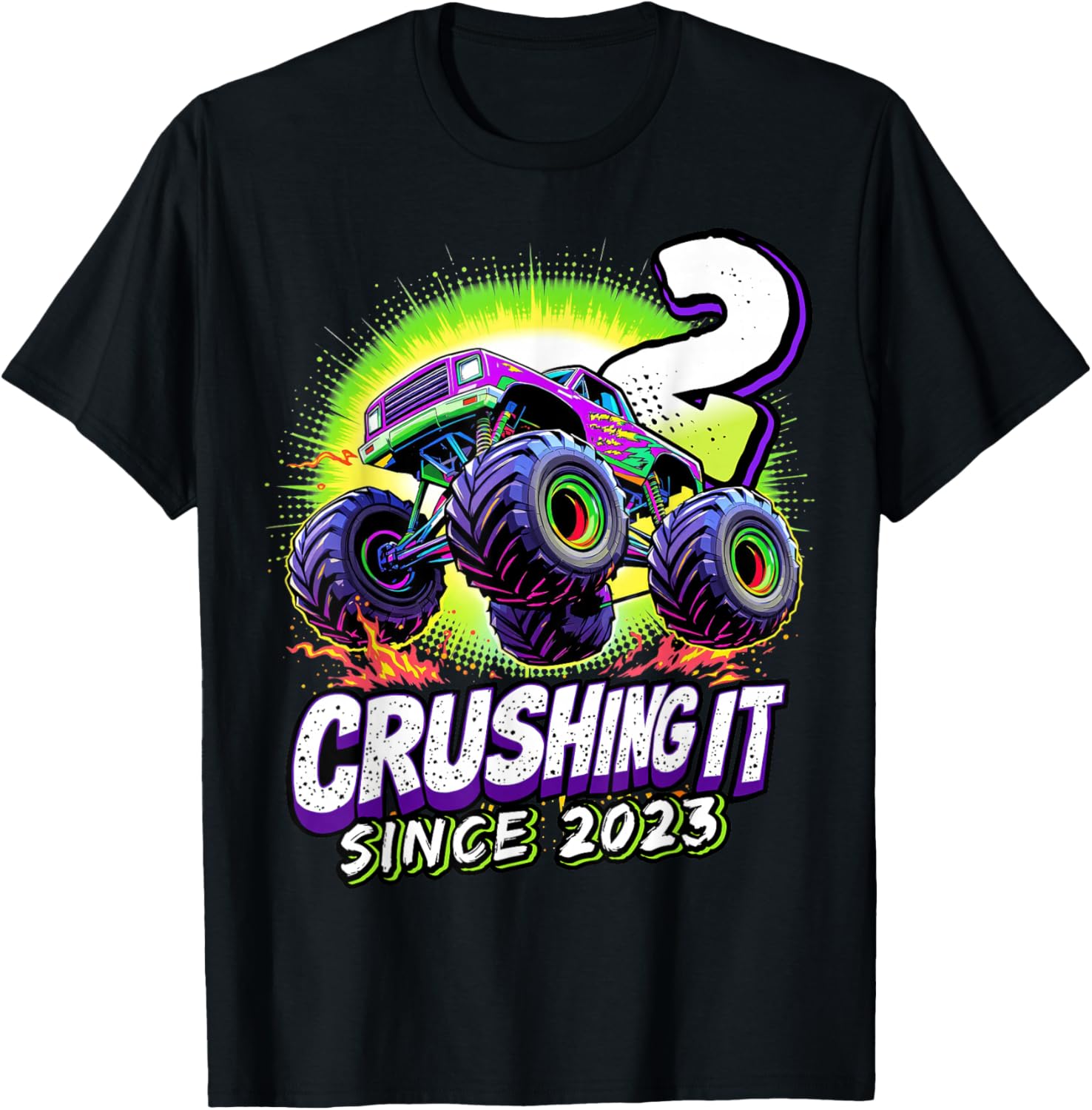 Birthday Monster Truck 2 Year Old Boys 2nd Party Born 2023 T-Shirt - T-Shirt | Black