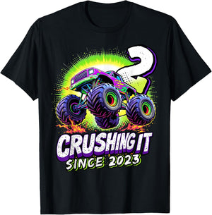 Birthday Monster Truck 2 Year Old Boys 2nd Party Born 2023 T-Shirt - T-Shirt | Black
