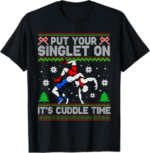 Wrestling Put Your Singlet On Christmas Wrestler Xmas Pajama T-Shirt - T-Shirt | Black
