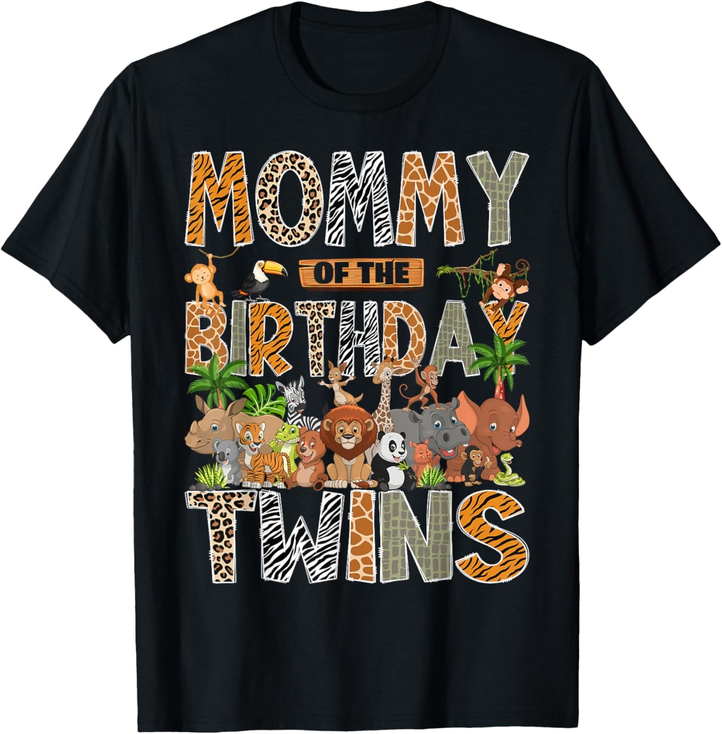 Mommy of The Birthday Twins Safari Wild One Zoo Animal T-Shirt - T-Shirt | Black