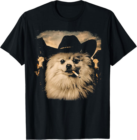 Pomeranian Western Graphic Vintage Cowboy Dog Smoking Meme T-Shirt - T-Shirt | Black