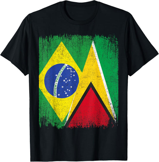 Half Brazil Guyana Split Flag Brazilian Guyanese Roots T-Shirt - T-Shirt | Black