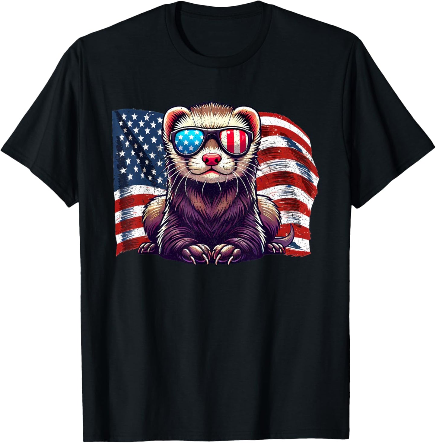 Ferret Pets Lovers Patriotic America Flag Sunglasses Vintage T-Shirt - T-Shirt | Black