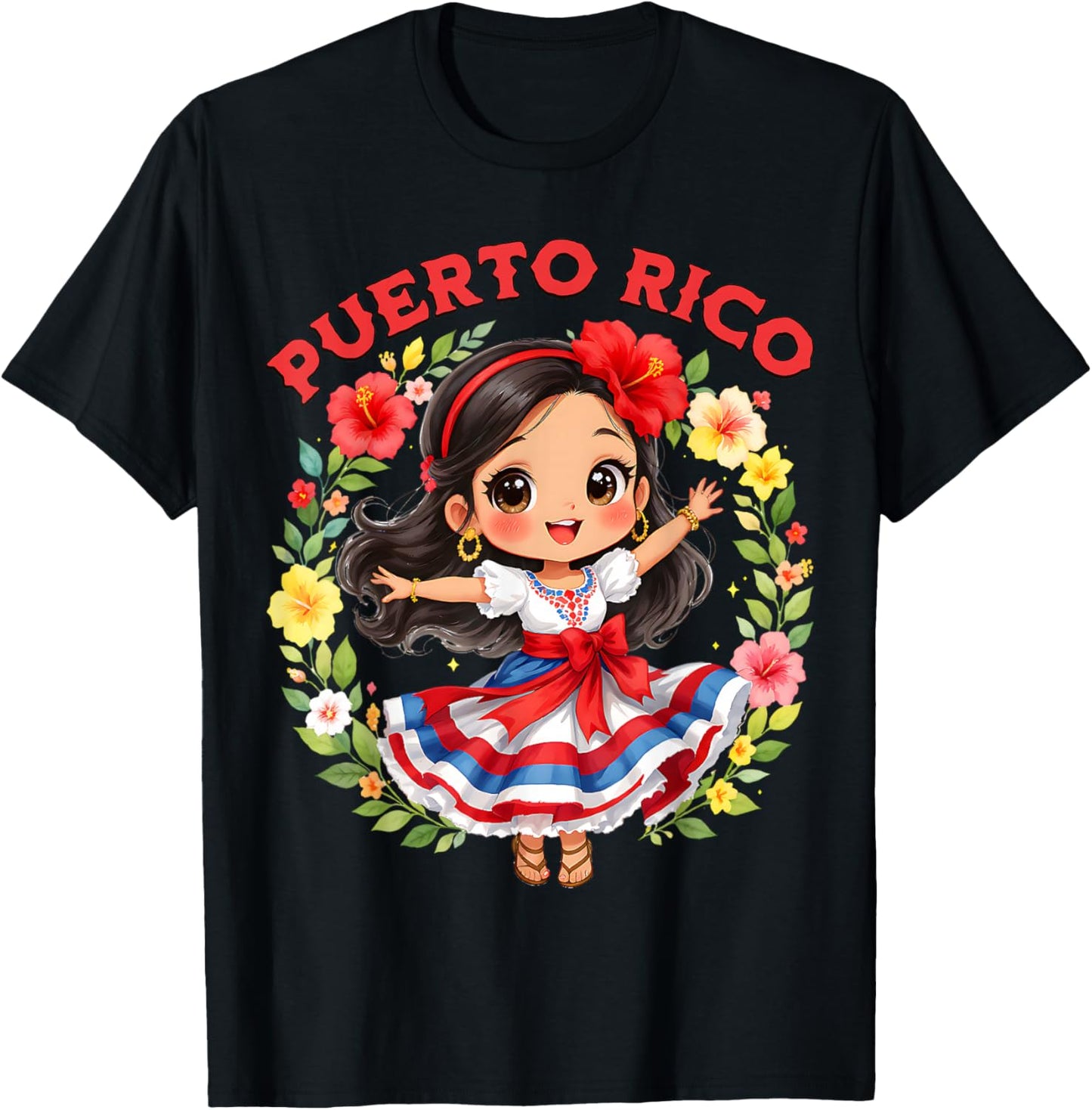 Puerto Rican Girl Culture Pride Cute Girl Traditional Dress T-Shirt - T-Shirt | Black