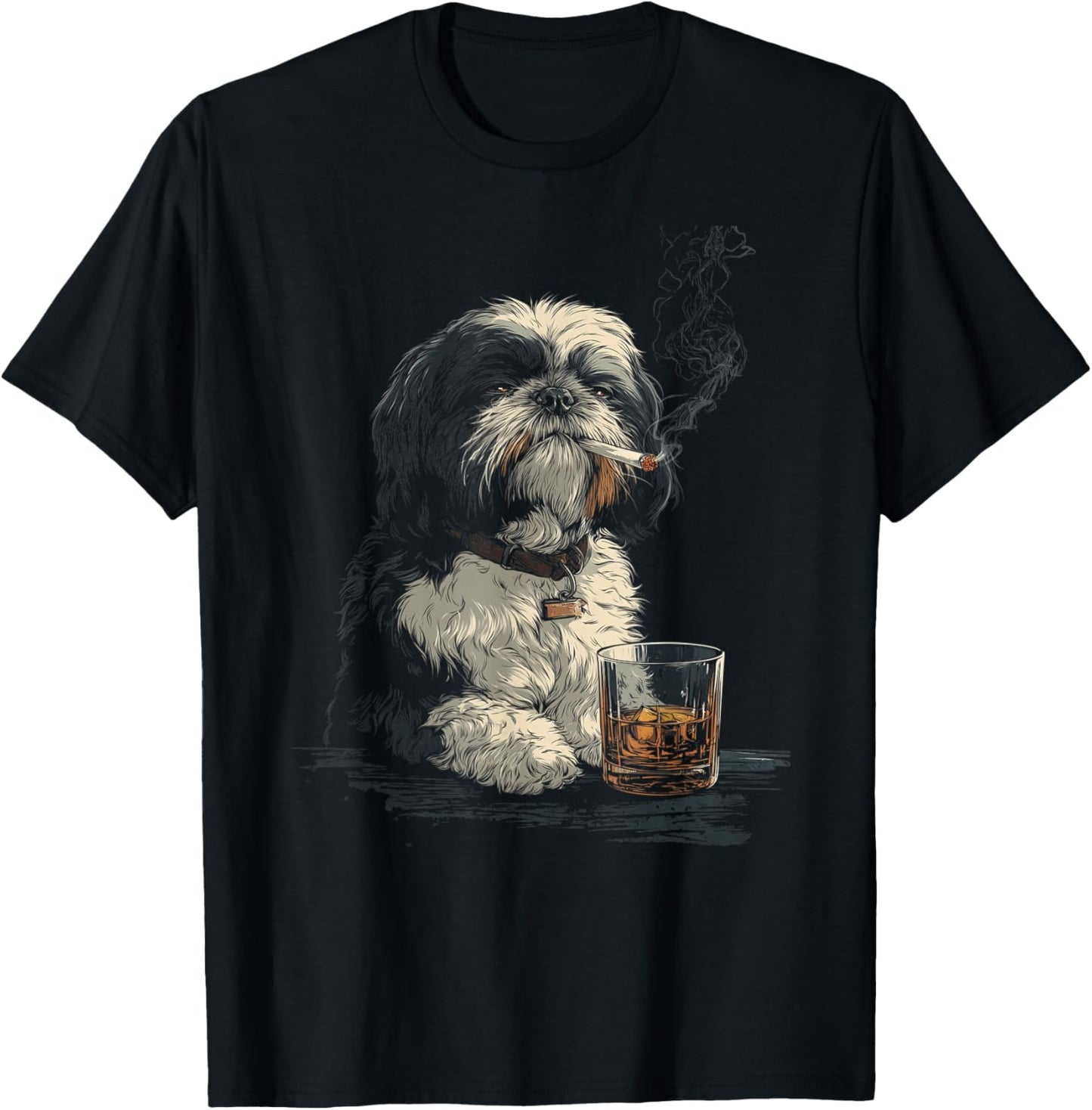 Shih Tzu Smoking Cigarette Whisky Lover Funny Dog T-Shirt - T-Shirt | Black