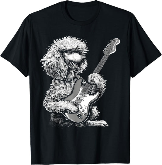Funny Poodle Dog Playing Electric Guitar Rock Dog Dad T-Shirt - T-Shirt | Black