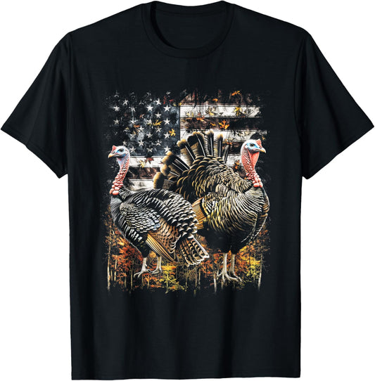 Beautiful Wild Turkey Hunting Camo American Flag T-Shirt - T-Shirt | Black
