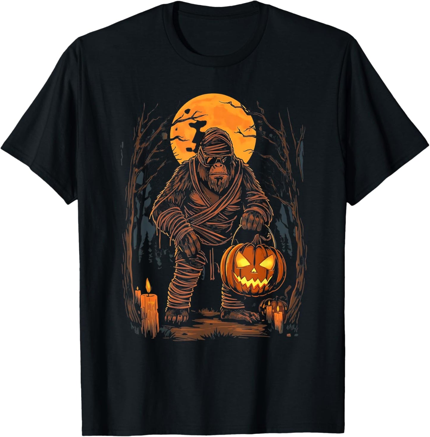 Mummy Bigfoot Holding Pumpkin Halloween Costume Fun T-Shirt - T-Shirt | Black