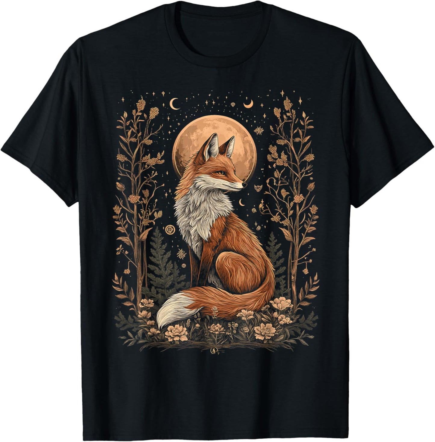 Mystic Moon and Moonphase Fox Mystical Flowers Aesthetic T-Shirt - T-Shirt | Black
