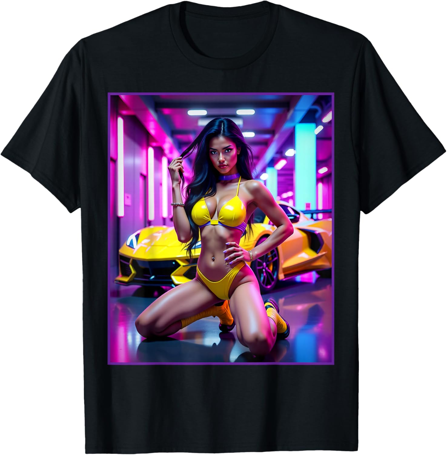 Latina T Shirt - Sexy Girl with Yellow Muscle Car T-Shirt - T-Shirt | Black