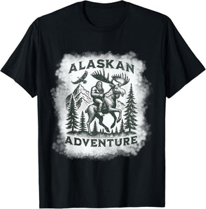 Alaskan Adventure Bigfoot Riding Moose Funny Outdoor Alaska T-Shirt - T-Shirt | Black