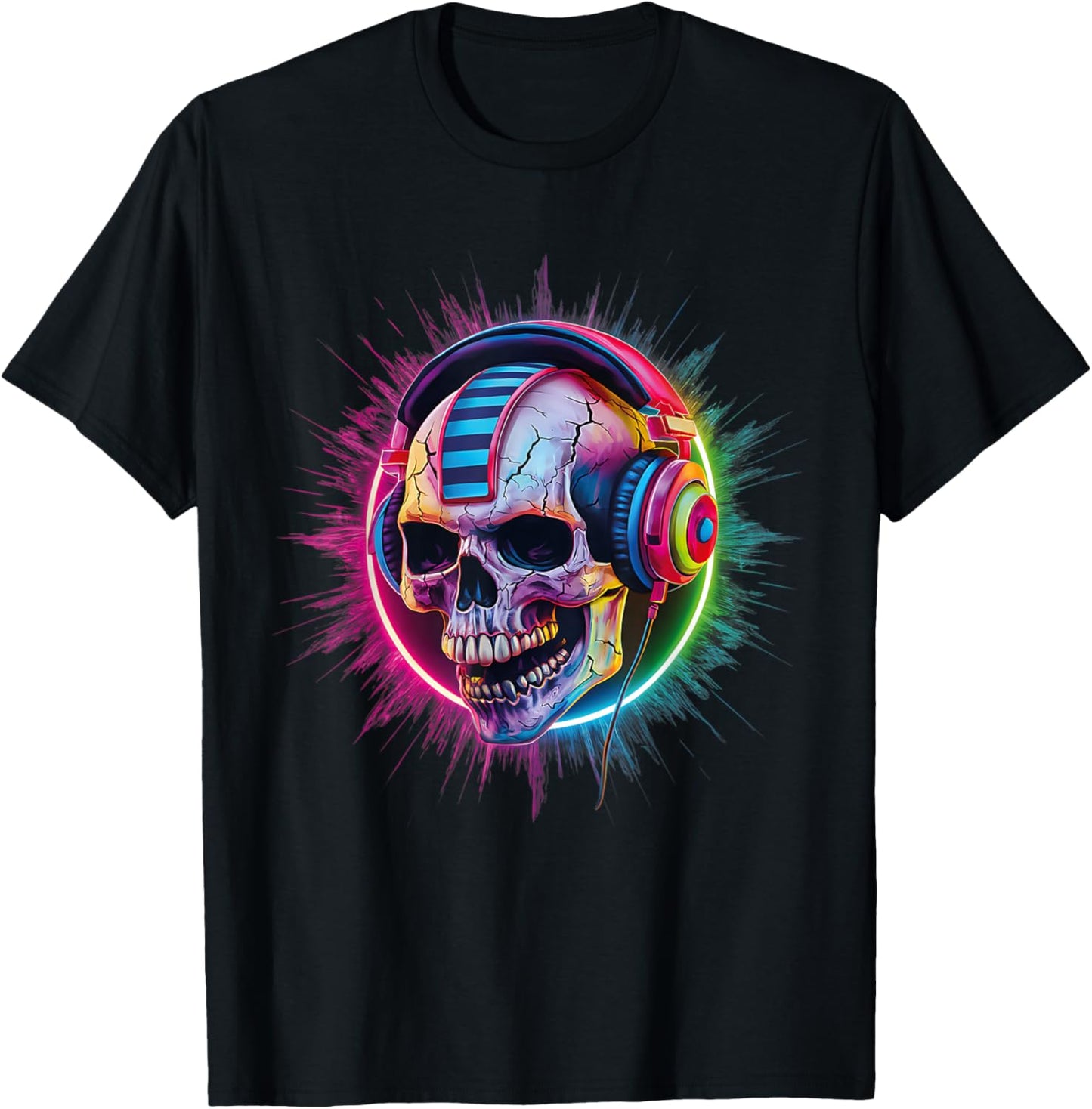 Skull Wearing Headphones Gamer Skeleton Gaming Graffiti T-Shirt - T-Shirt | Black