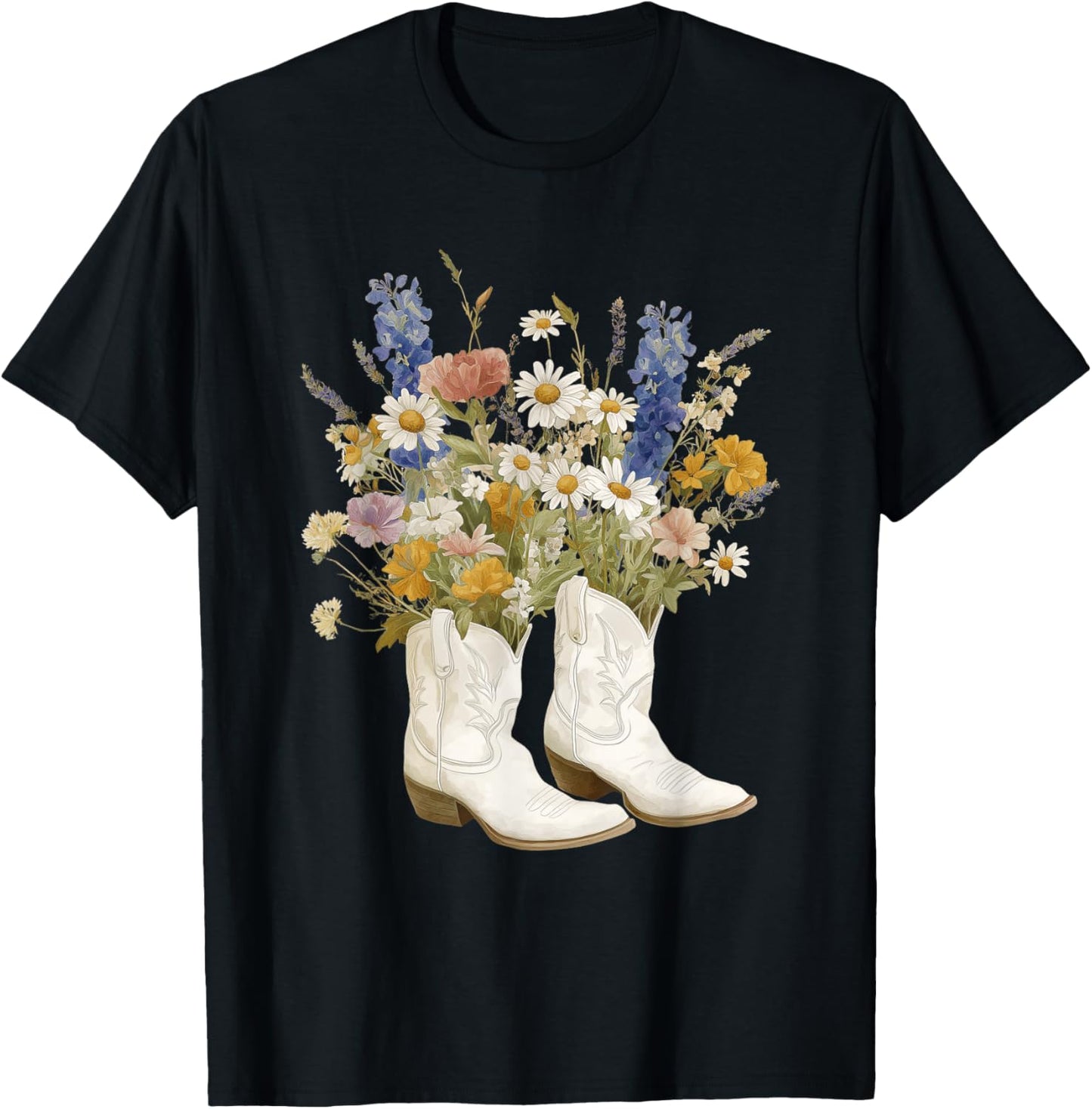 Cowboy Cowgirl Women Boots Flowers Vintage Rodeo Western T-Shirt - T-Shirt | Black