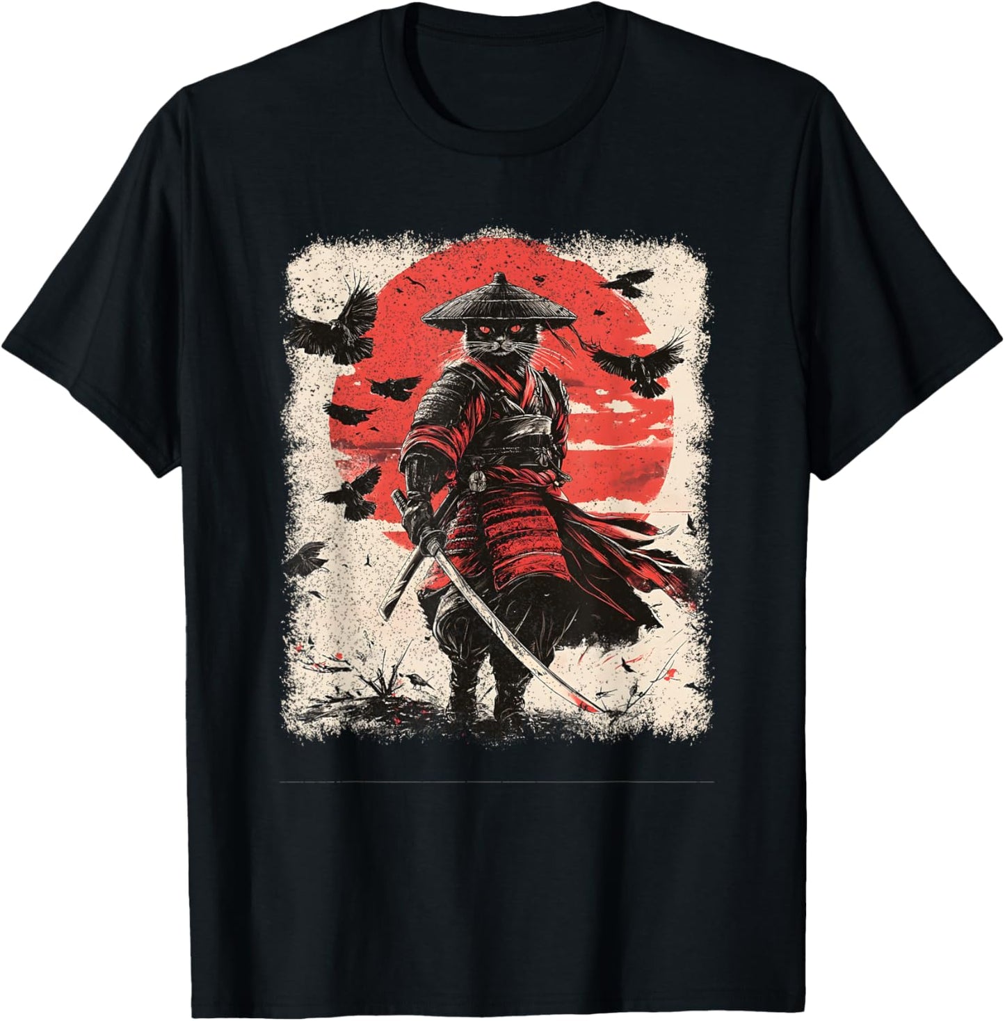 Samurai Cat, Vintage Japanese Warrior Art | Anime & Samurai T-Shirt - T-Shirt | Black