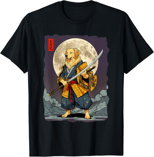 Golden Retriever Samurai Japanese Retro Ukiyo-e Warrior T-Shirt - T-Shirt | Black
