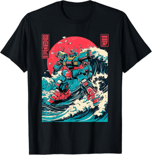 Japanese Mecha Anime Robot Retro Japanese Wave Kanagawa T-Shirt - T-Shirt | Black