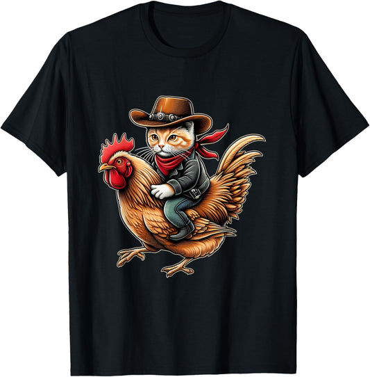 Cowboy Cat Riding Chicken Funny Western Vintage Design T-Shirt - T-Shirt | Black