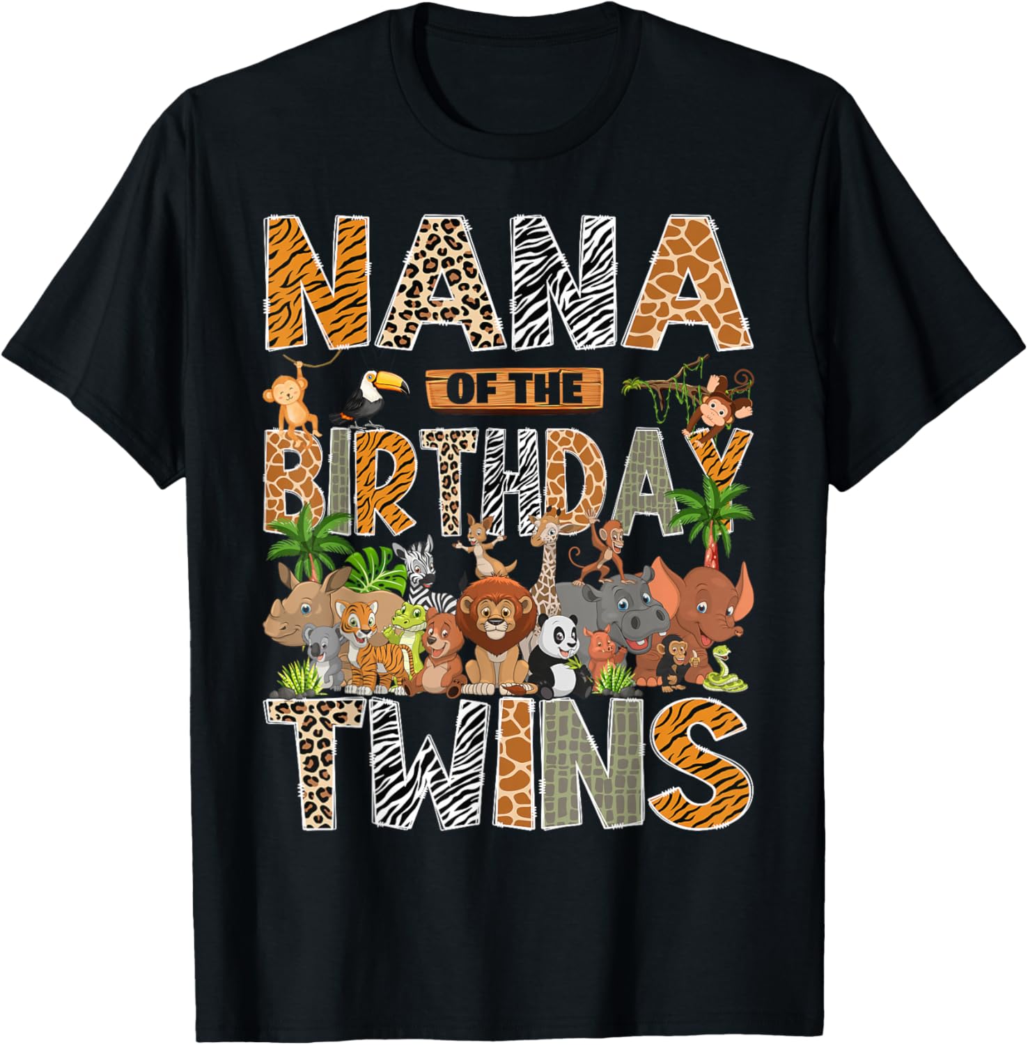 Nana of The Birthday Twins Safari Wild One Zoo Animal T-Shirt - T-Shirt | Black