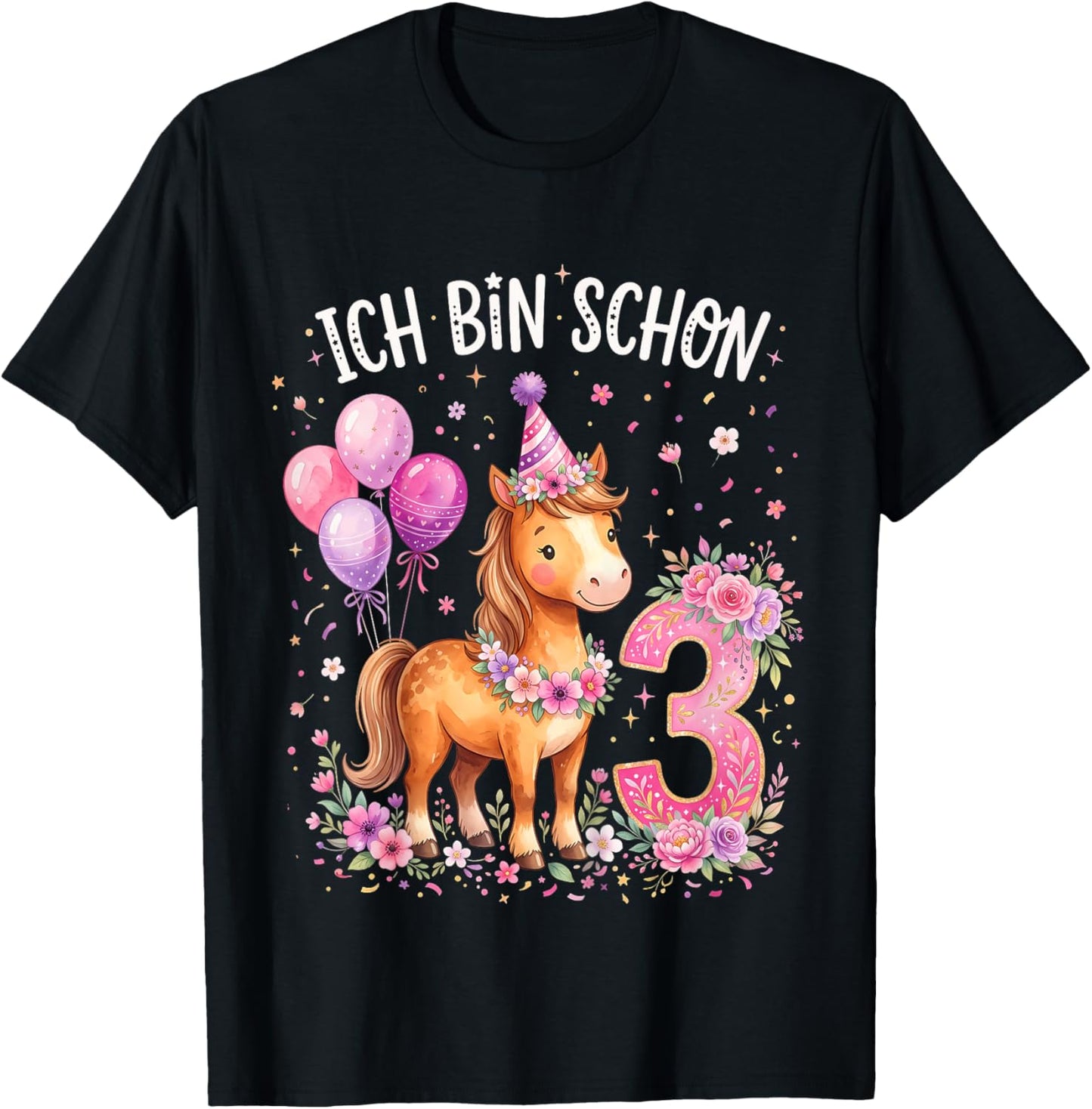 Ich Bin Schon 3 Geburtstag Pferde T-Shirt - T-Shirt | Black