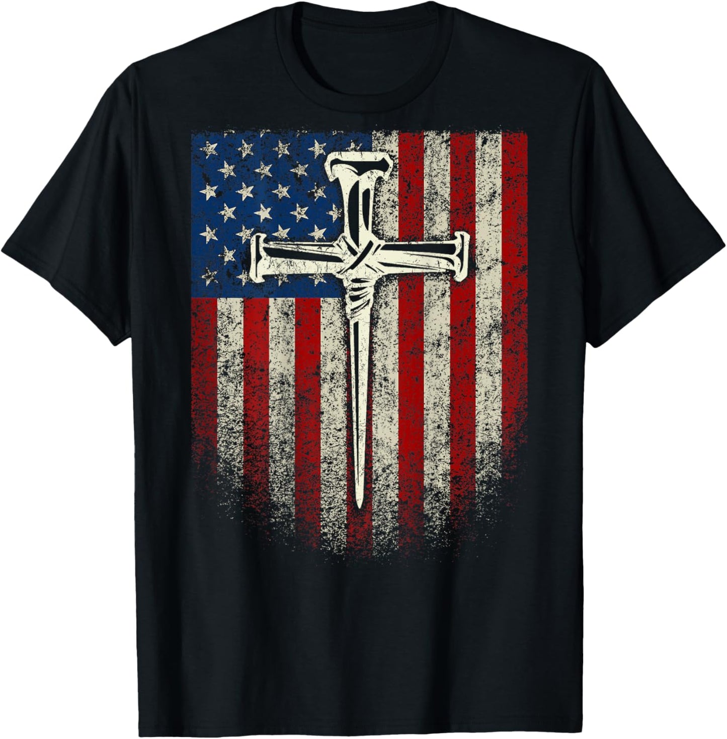 (Art on Back) American US Flag Cross Christian T-Shirt - T-Shirt | Black