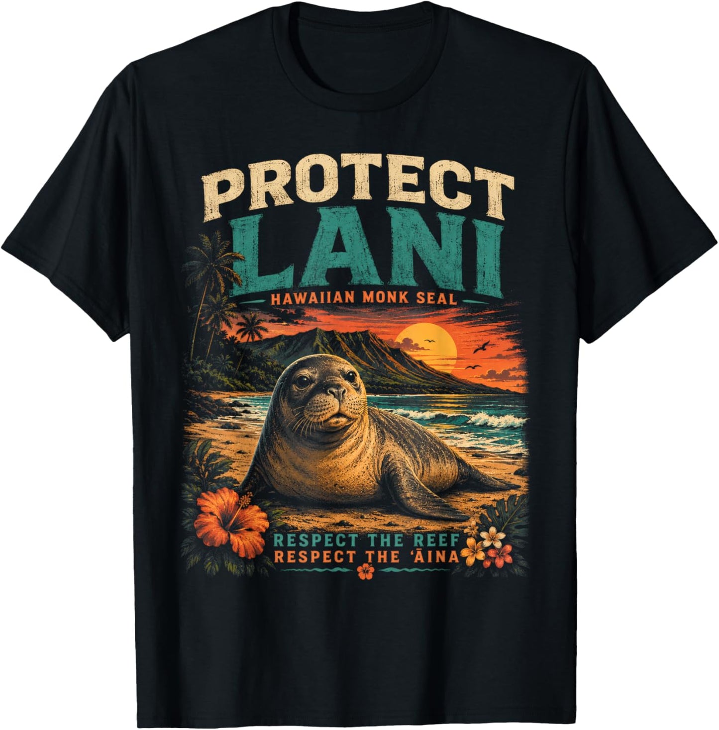 Lani the Monk Seal Protect Hawaiian Reef Respect Lahaina T-Shirt - T-Shirt | Black