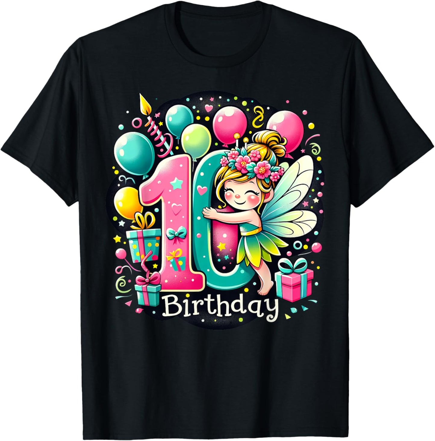 Kids Fairy Theme tenth Bday Party 10th Fairy Birthday T-Shirt - T-Shirt | Black
