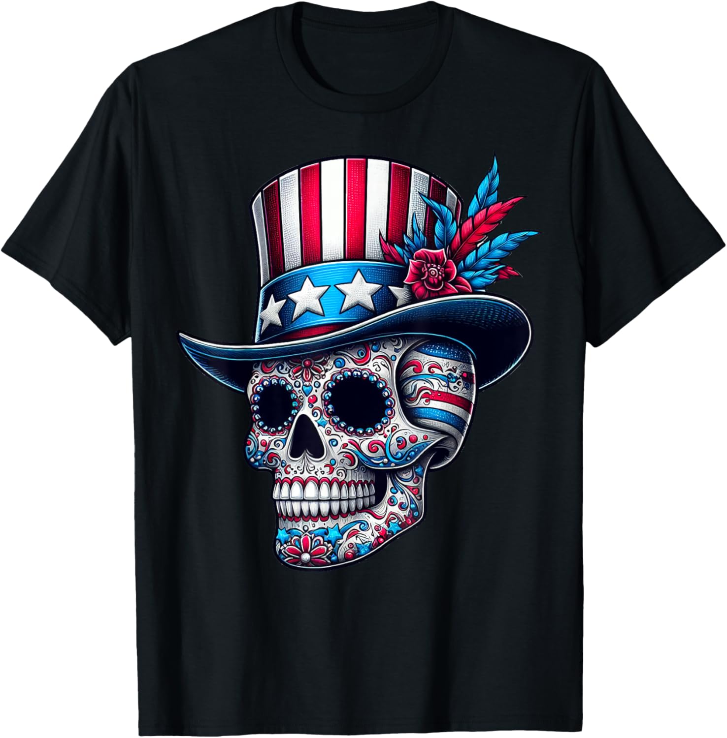 Independence Day USA Patriot Skull 4th of July Sugar Skull T-Shirt - T-Shirt | Black