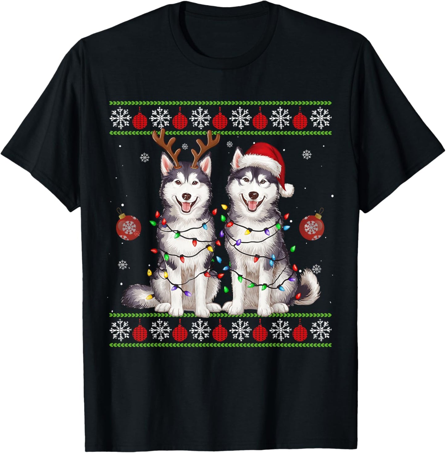 Siberian Husky Christmas Santa Reindeer Christmas Sweater T-Shirt - T-Shirt | Black