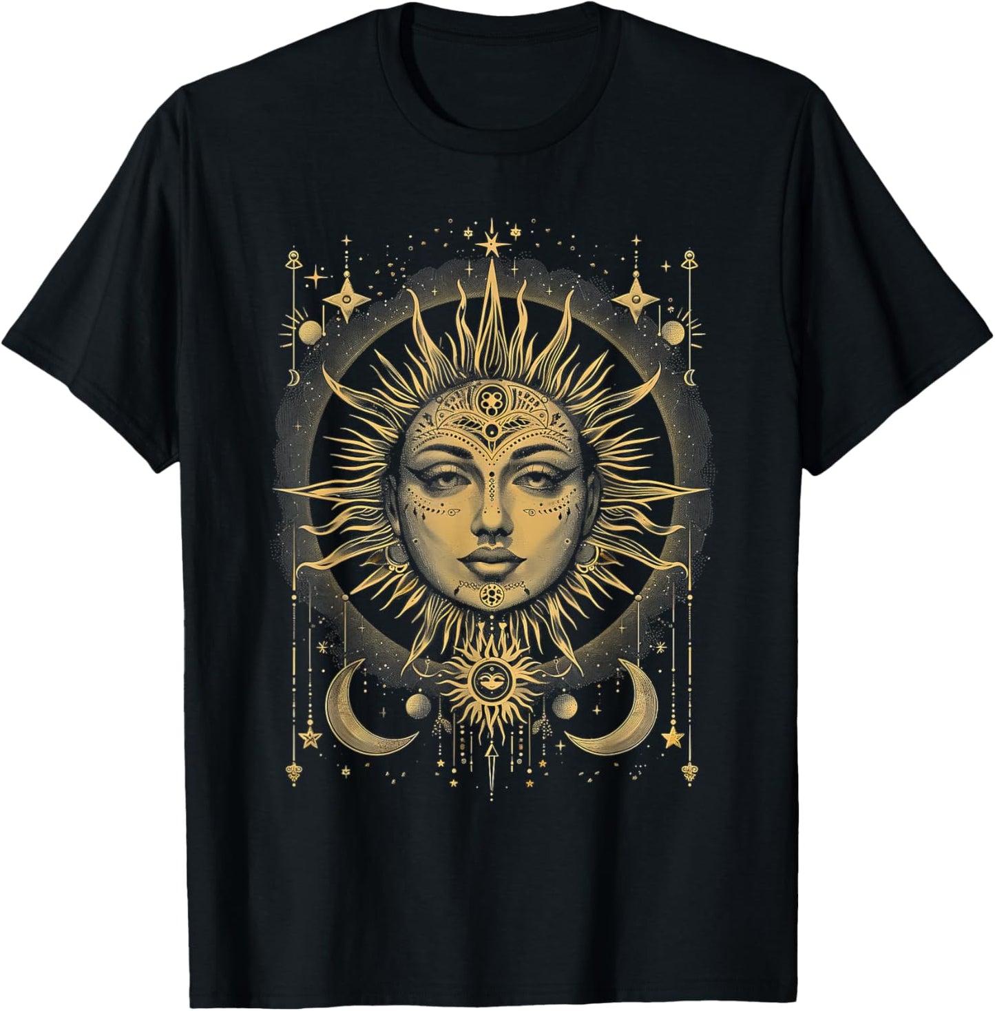 Mystic Sun and Moon Woman Mystical Flowers Aesthetic T-Shirt - T-Shirt | Black