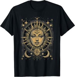 Mystic Sun and Moon Woman Mystical Flowers Aesthetic T-Shirt - T-Shirt | Black