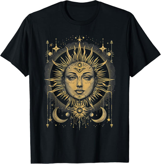 Mystic Sun and Moon Woman Mystical Flowers Aesthetic T-Shirt - T-Shirt | Black