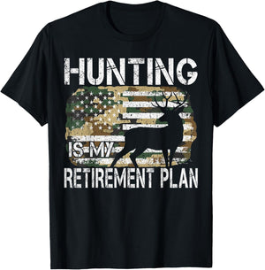 Hunting Is My Retirement Plan Deer Camo American USA Flag T-Shirt - T-Shirt | Black