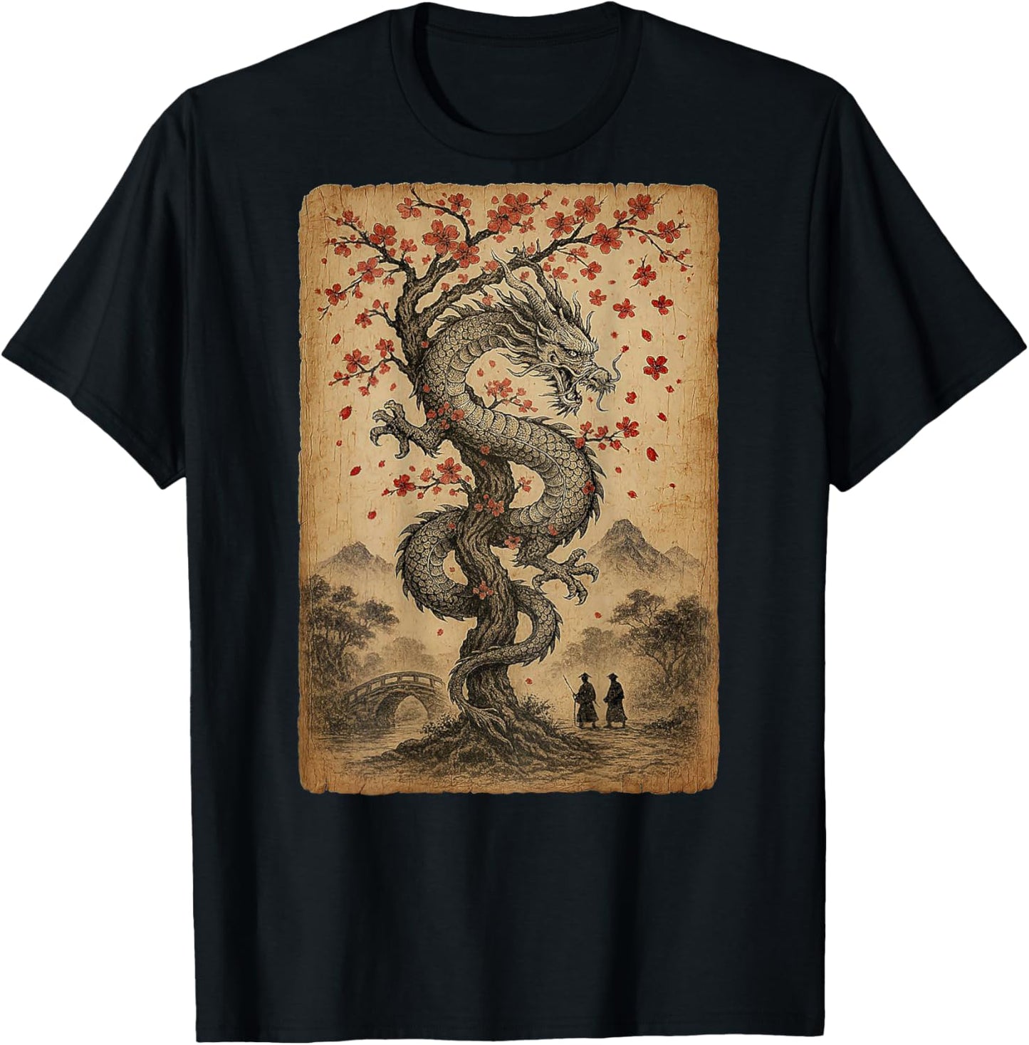 Vintage Japanese Dragon with Cherry Blossom Tree Wooden T-Shirt - T-Shirt | Black