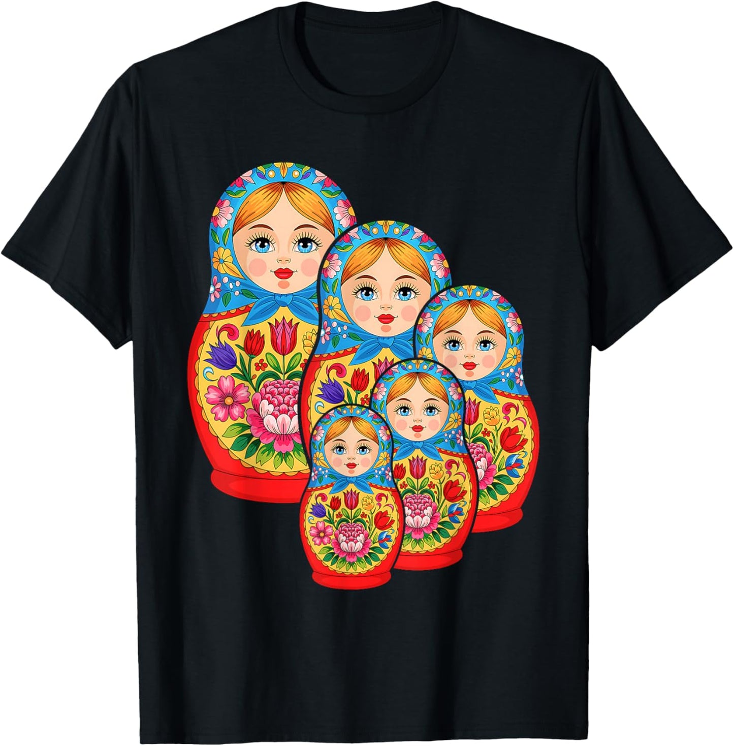 Matryoshka Doll Art Russian Nesting Wooden Stacking Set T-Shirt - T-Shirt | Black