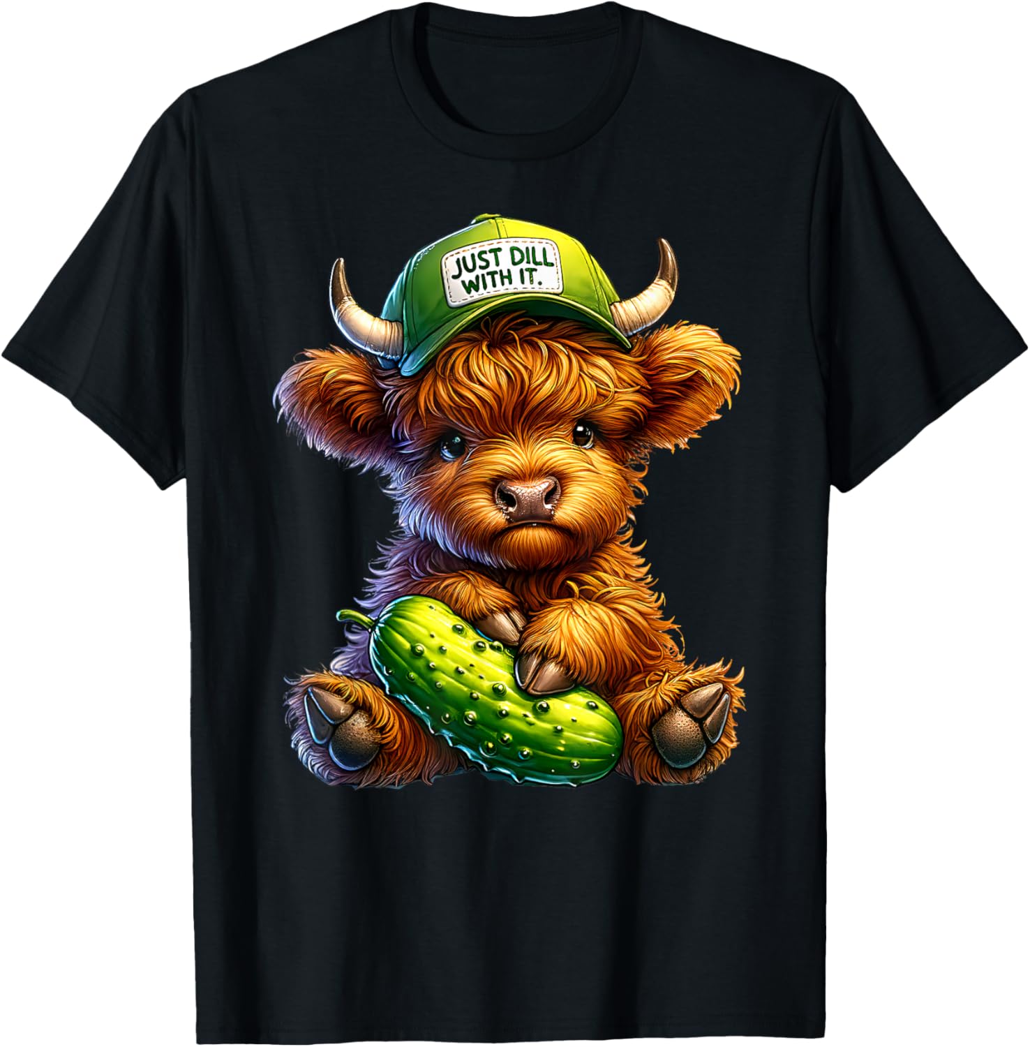 Dill With It Cute Highland Cow Pickle Hat Farm Animal Lover T-Shirt - T-Shirt | Black