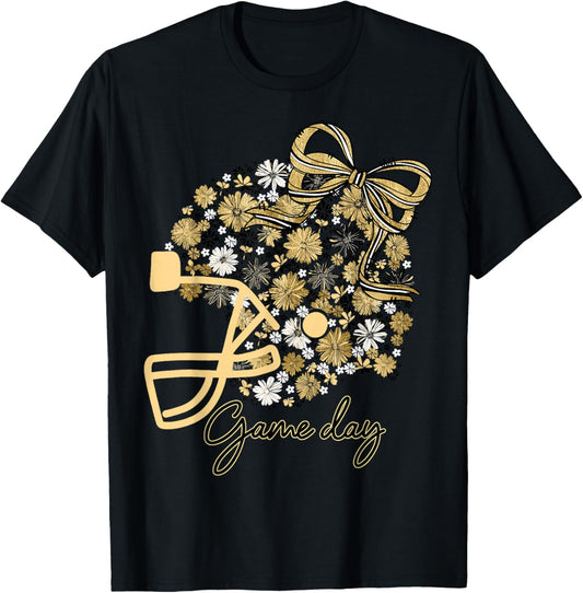 Floral Football Game Day Girly Bow Team Spirit Black & Gold T-Shirt - T-Shirt | Black