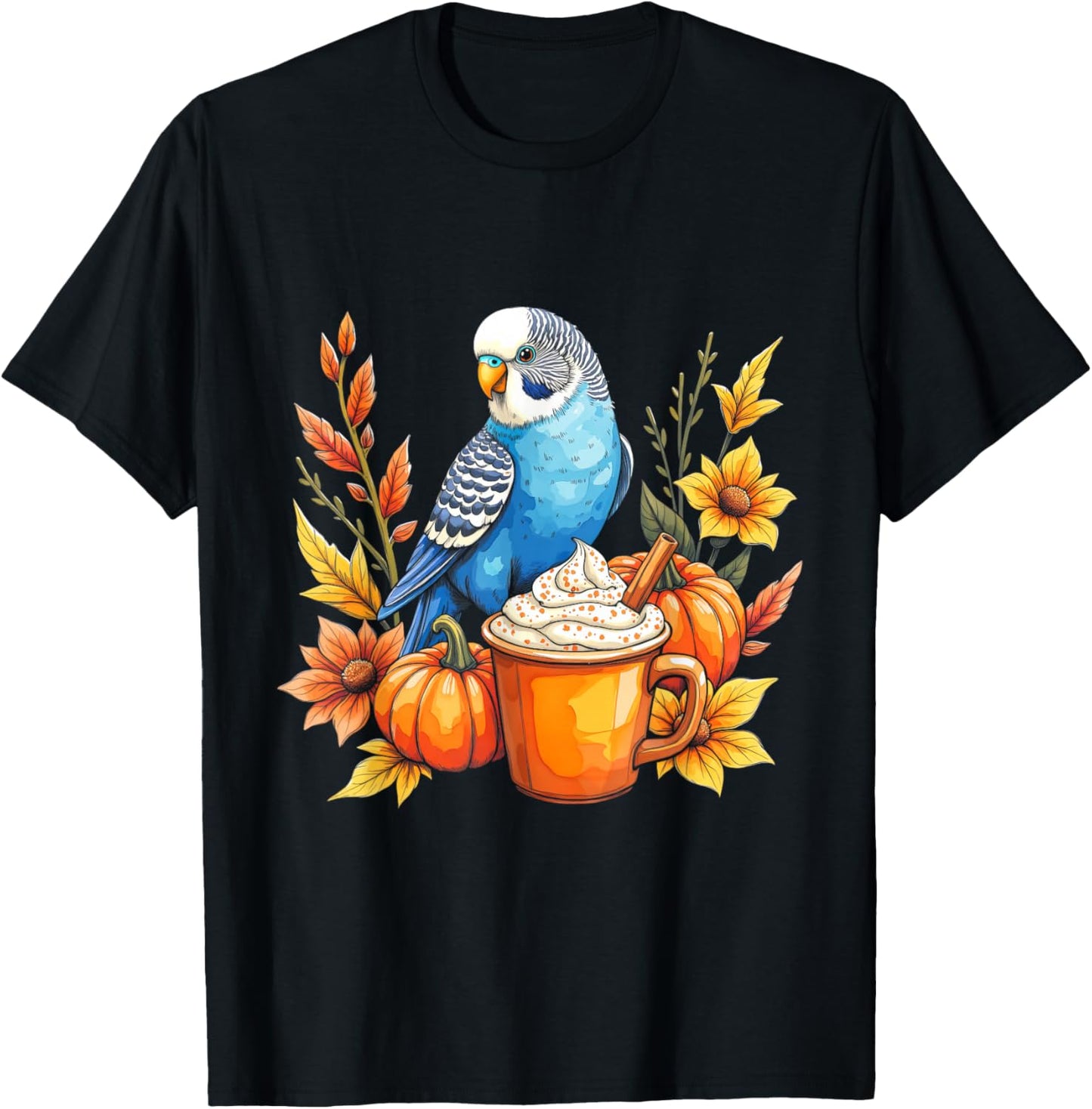 Budgie Parakeet Pumpkin Spice Latte and Fall Vibes Autumn T-Shirt - T-Shirt | Black