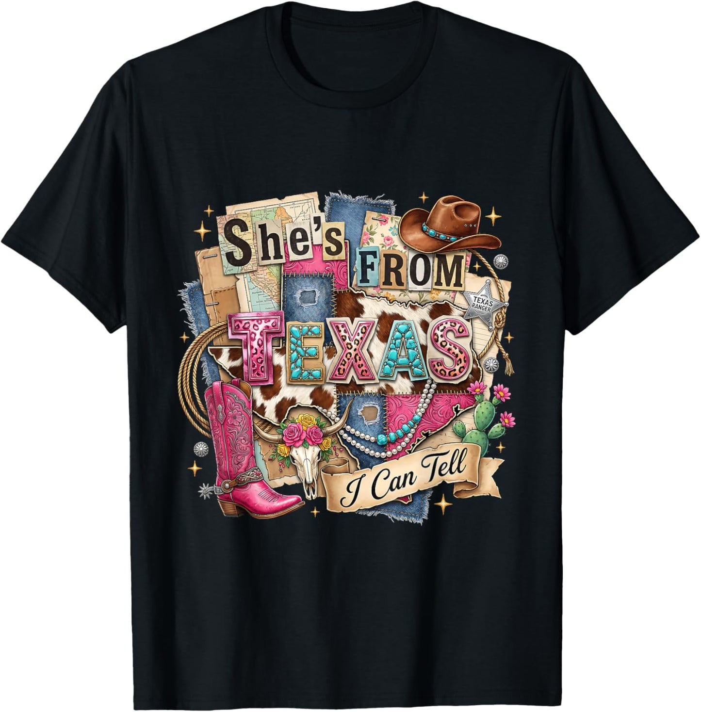 She's from Texas I Can Tell Western Cowgirl Pink Boot Gift T-Shirt - T-Shirt | Black