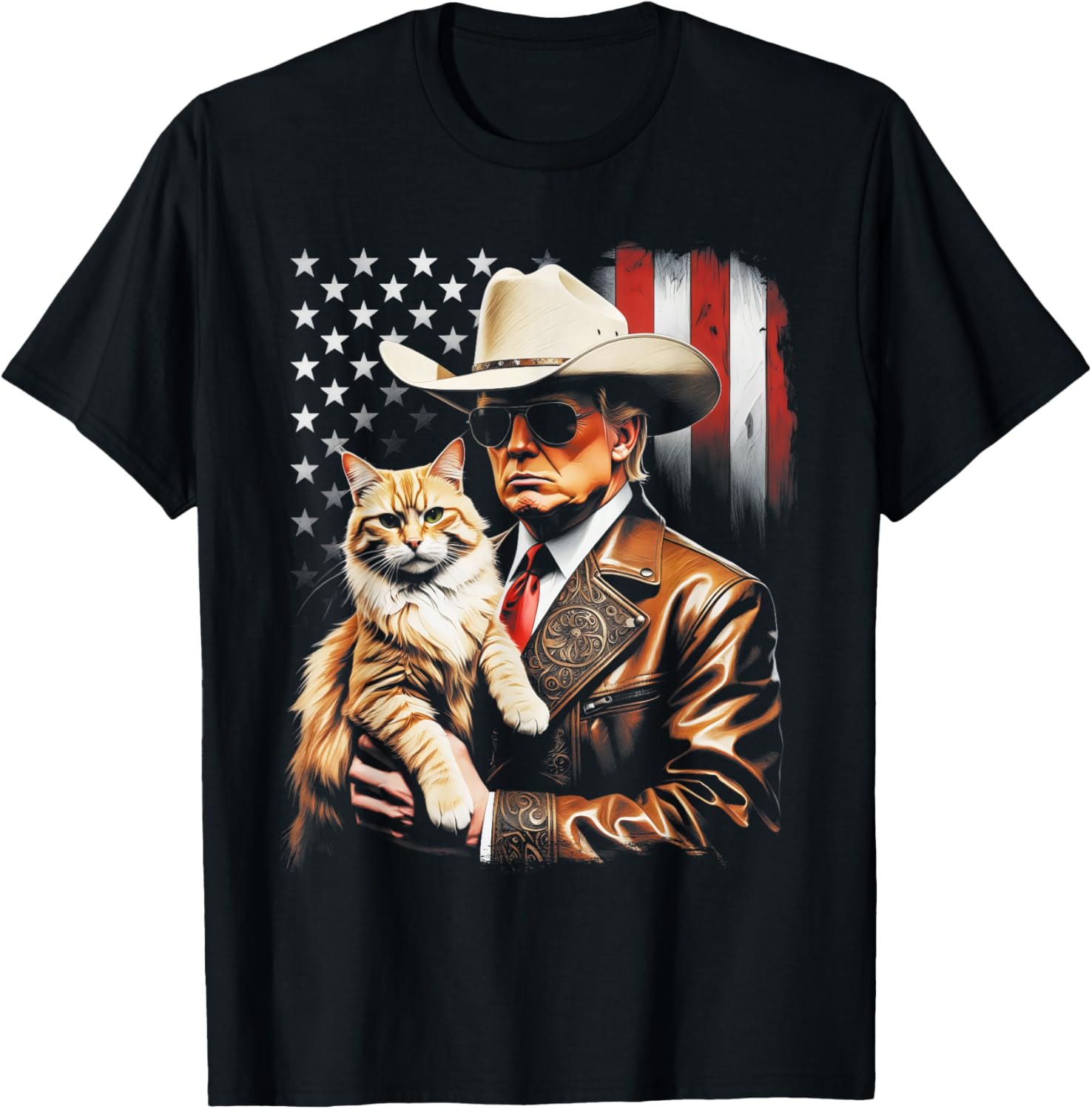 Trump and Cute Cat and American Flag Funny Trump Cowboy T-Shirt - T-Shirt | Black