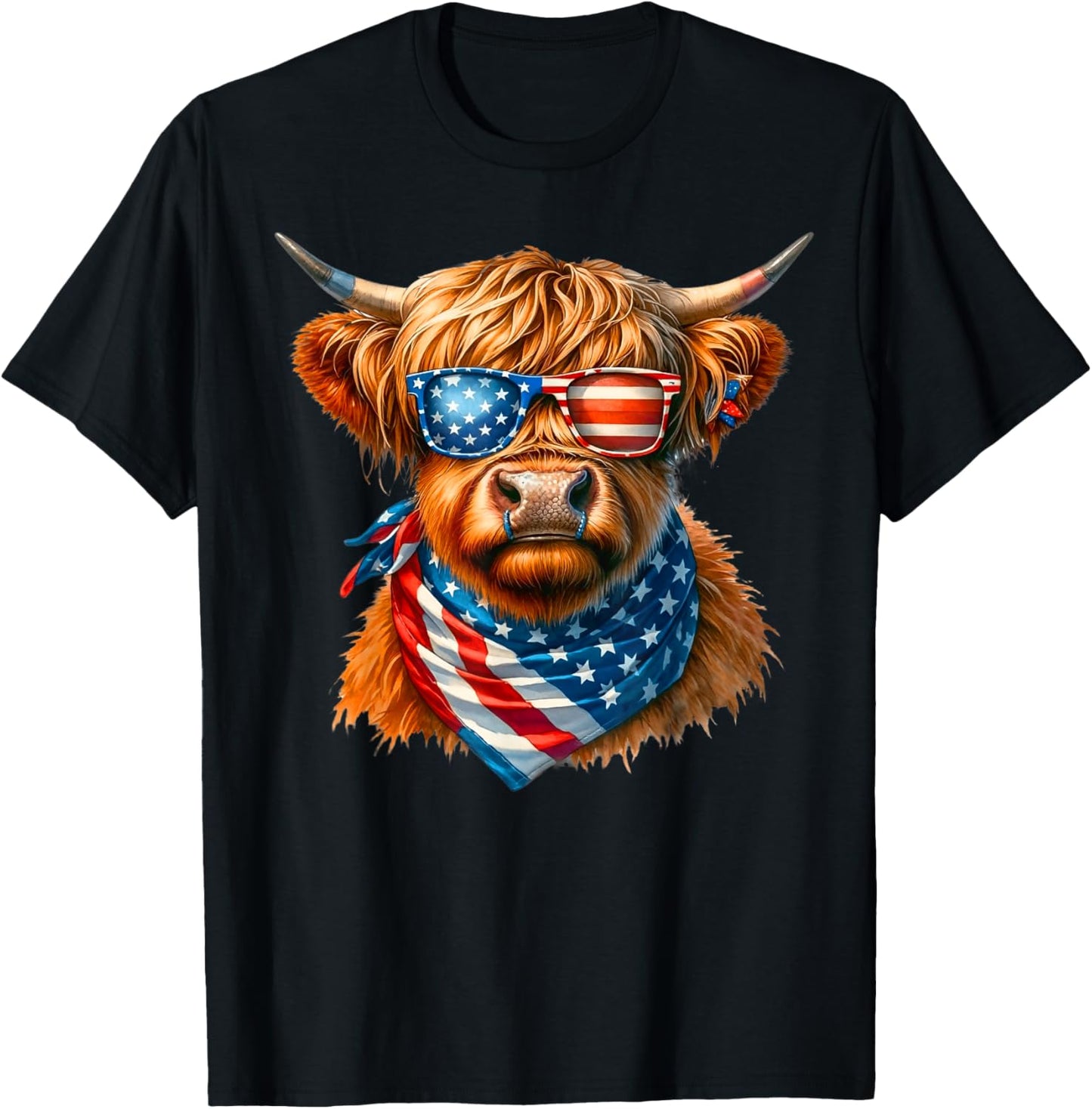 Vintage Patriot Highland Cow 4th Of July American Flag T-Shirt - T-Shirt | Black