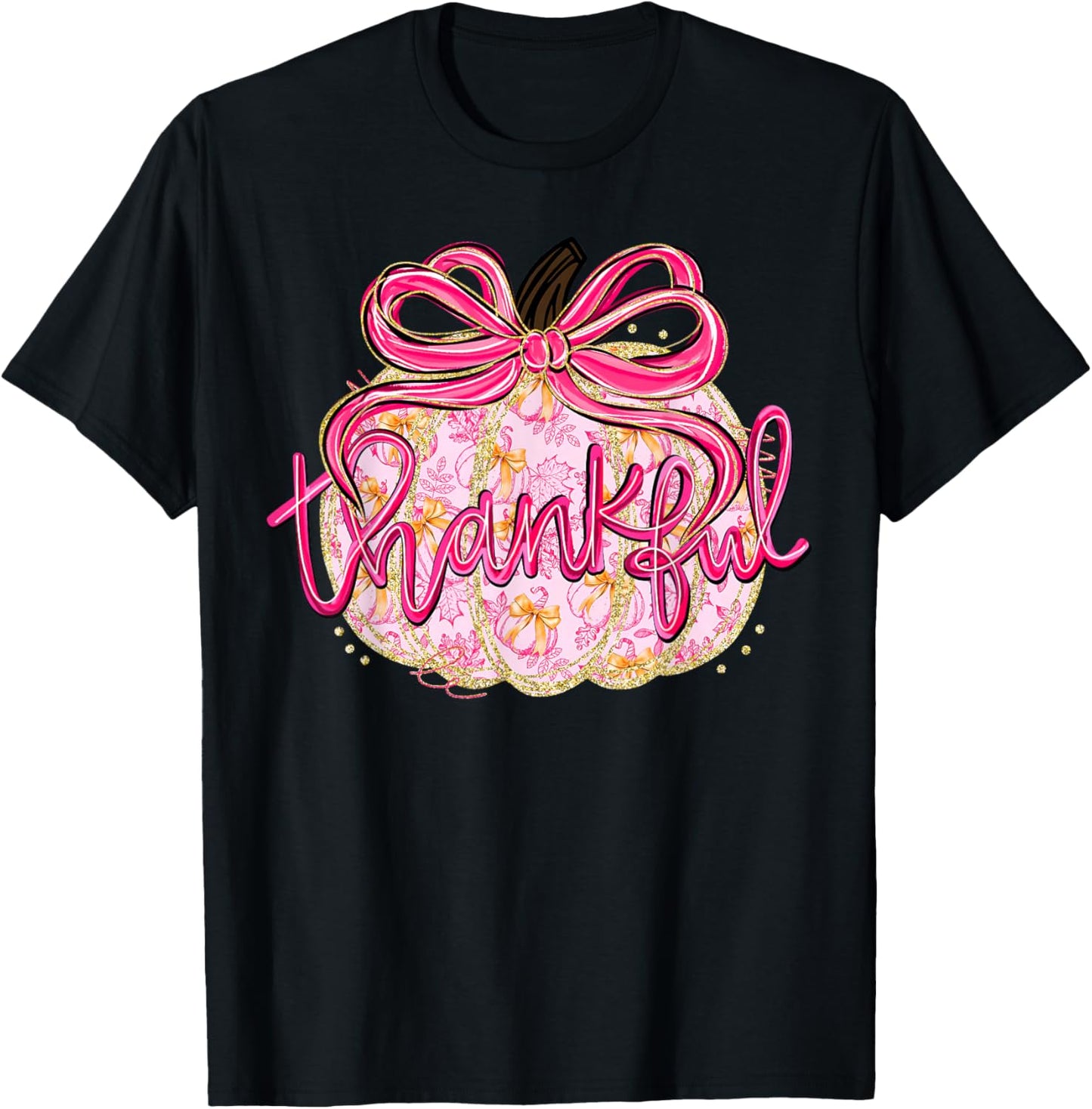 Coquette Bow Thankful Pumpkin Season Thanksgiving Autumn T-Shirt - T-Shirt | Black