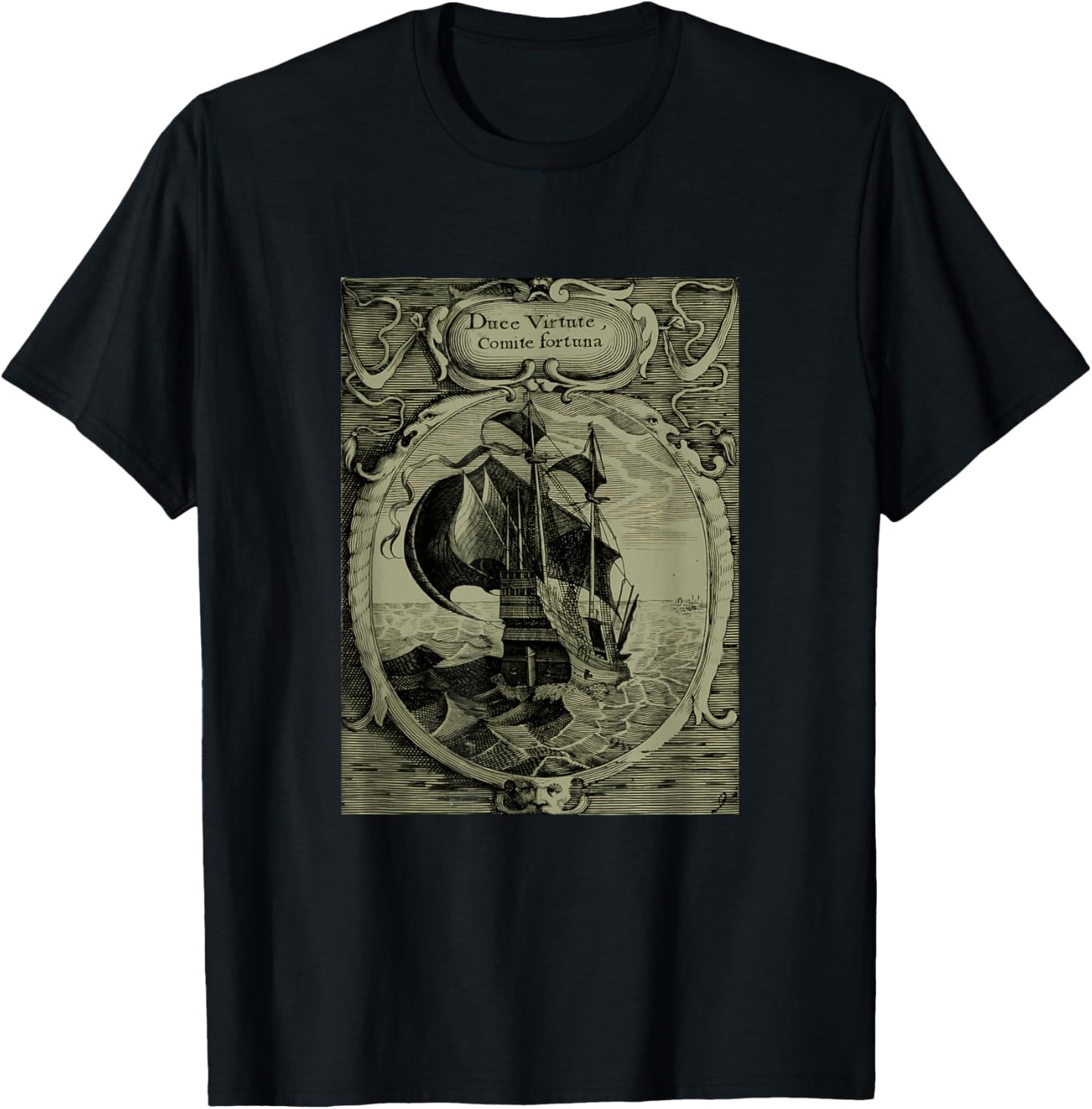 Latin Currency Virtute Duce Comite Fortuna Ship T-Shirt - T-Shirt | Black