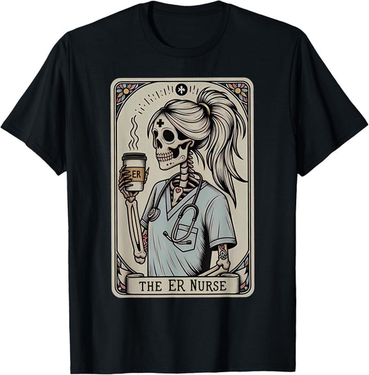 Skeleton Emergency Room Nurse Halloween Tarot Card Nursing T-Shirt - T-Shirt | Black