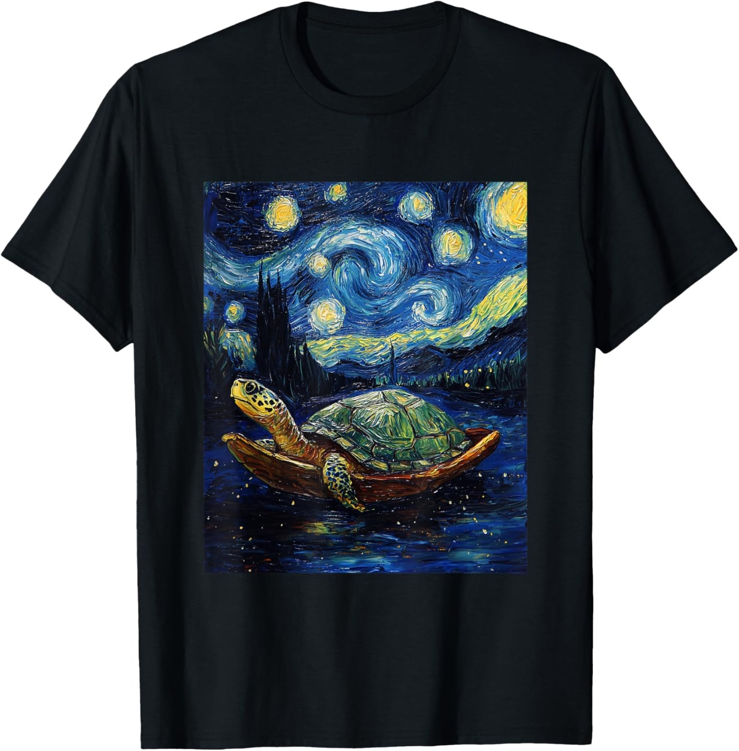 Cute Tortoise Turtle - Van Gogh Style - Starry Night Graphic T-Shirt - T-Shirt | Black