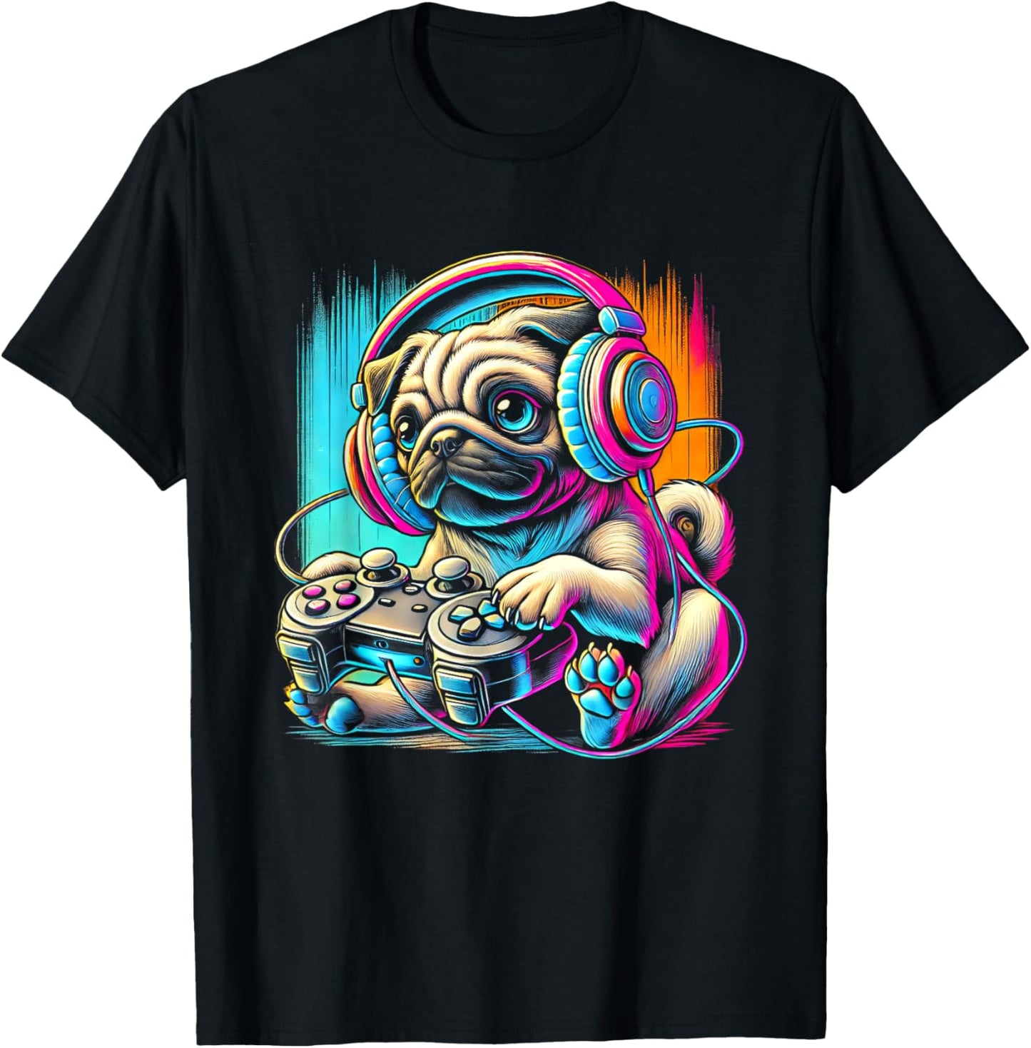 Pug Dog Colorful Video Game Controller Women Kids T-Shirt - T-Shirt | Black