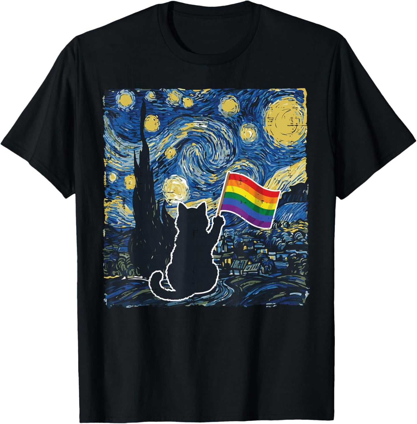 Starry Night Cat Rainbow Flag Funny Gay Pride LGBT Men Women T-Shirt - T-Shirt | Black